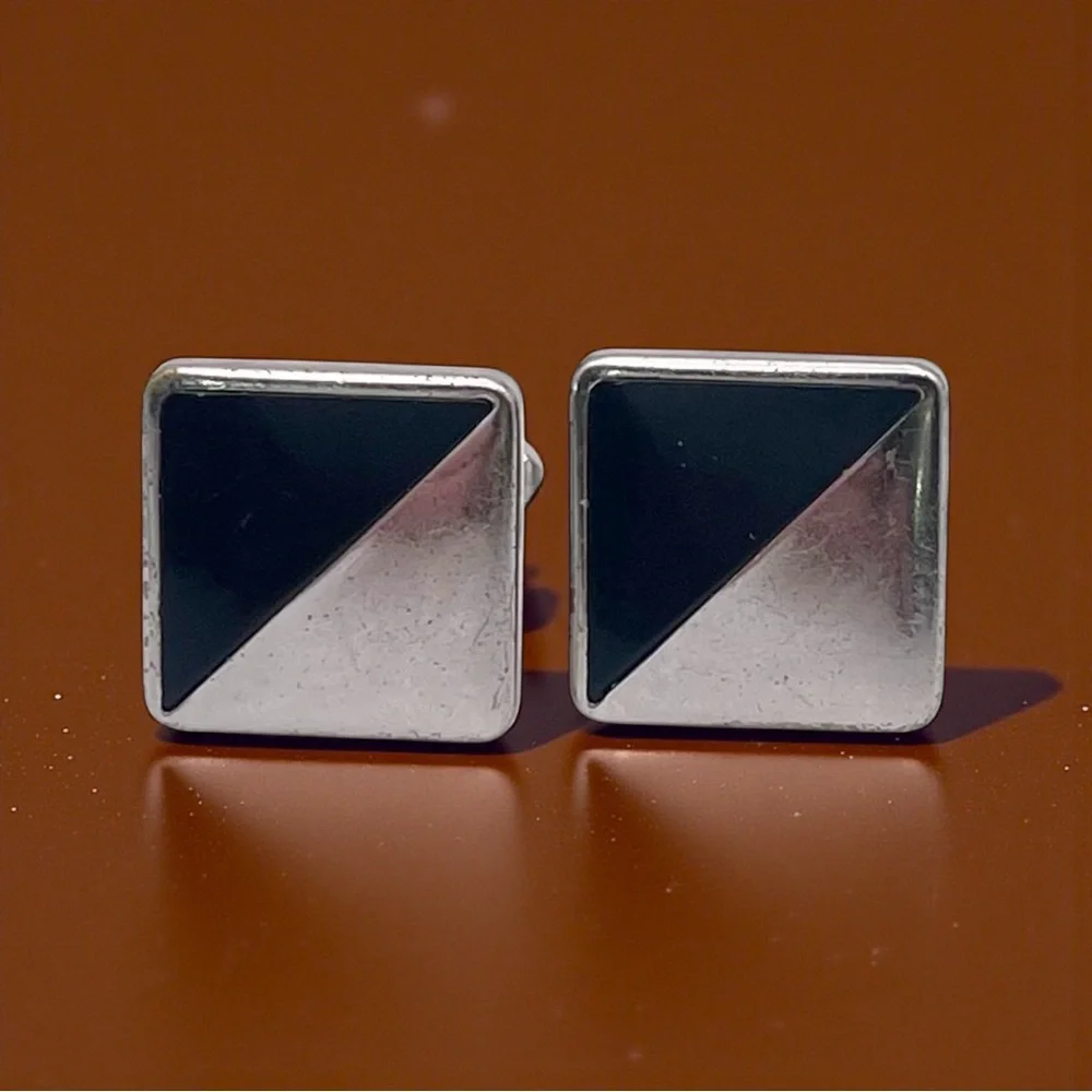 Elegant Vintage Anson Silver Tone a Black Cufflinks With Geometric Block Design